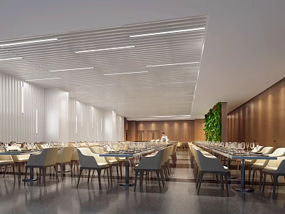Modern Restaurant Interior Design With Arranged Tables Chairs Linear Ceiling Lights And Living Plant Wall 3d model
