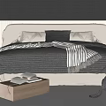 Double Bed With Grey White Quilt Striped Throw Blanket Wooden Box And Striped Rug