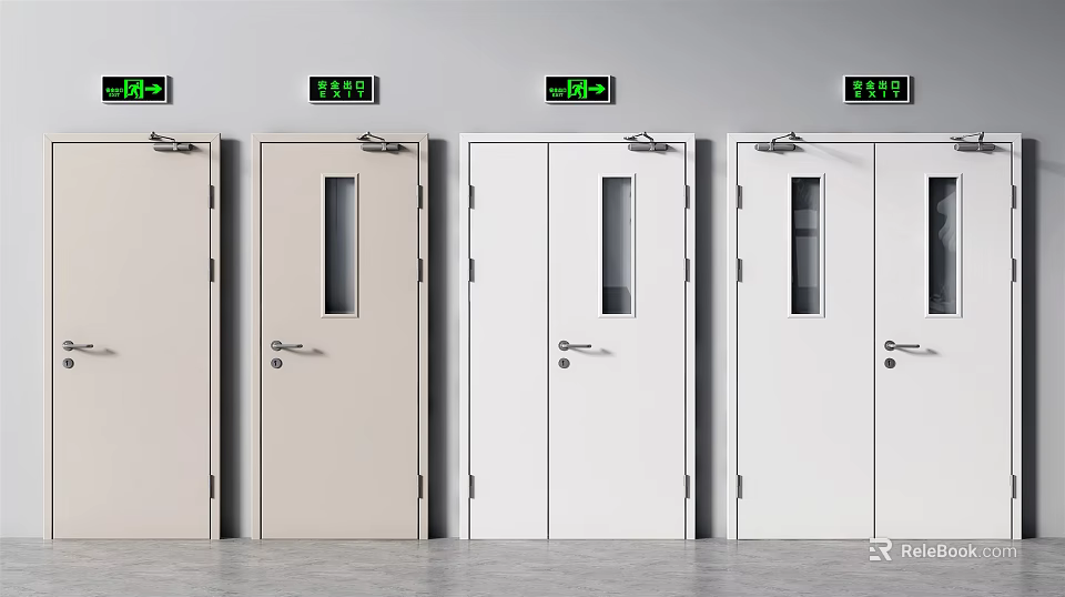 Fire Rated Exit Doors Beige White With Glass Panels Green Exit Signs 2.5h 3d model 
