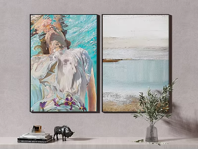 Two Wall Paintings With Figure Flowers Seascape Artwork Decorative Items Green Plant And Books 3d model