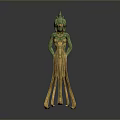 Unique Green And Gold Woman Statue With Flame Like Headpiece And Flowing Skirt