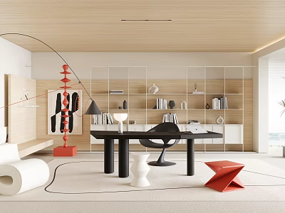 Modern Study Room Interior With Wooden Bookshelves Black Desk Chair Red Decor And White Accents 3d model