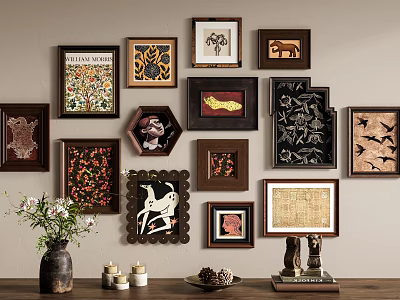 Eclectic Photo Wall with Various Shaped Frames and Decorative Vase Candles 3d model