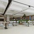 Spacious Modern Restaurant Interior With Wooden Ceiling Lighting Fixtures Dining Counters And Marble Walls