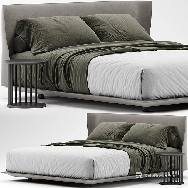 Modern Double Bed Design With Green Pillows White Sheets And Nightstand 3d model
