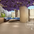 Cozy Leisure Area With Purple Wisteria Ceiling Blue Sofa Wooden Coffee Table And Tree Mural