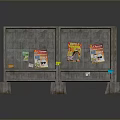 Textured Gray Panel Display Stand With Multiple Sections Colorful Posters And Supporting Pillars