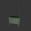 Vintage Stove Cabinet With White Drawers And Metal Chimney Design