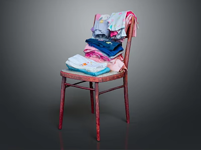 Colorful Stacked Clothes on Red Wooden Chair with T-shirts and Towels against Dark Background 3d model