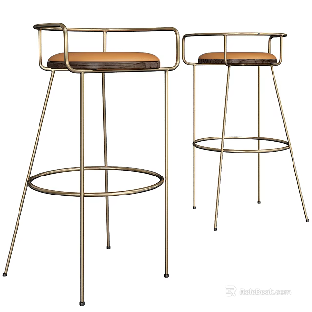 Modern Metal Frame Bar Stools With Leather Seat Backrest And Round Footrest 3d model 