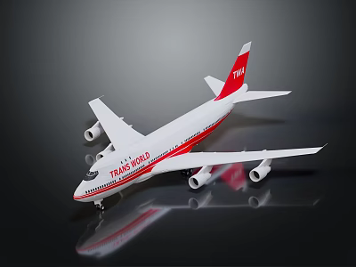 Trans World White And Red Passenger Airplane Model On Reflective Surface 3d model