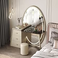 Elegant Modern Bedroom Dressing Table With Round Mirror Glass Top And Beige Drawers