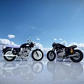 Two Vintage Motorcycles Against Blue Sky With White Clouds On Reflective Ground