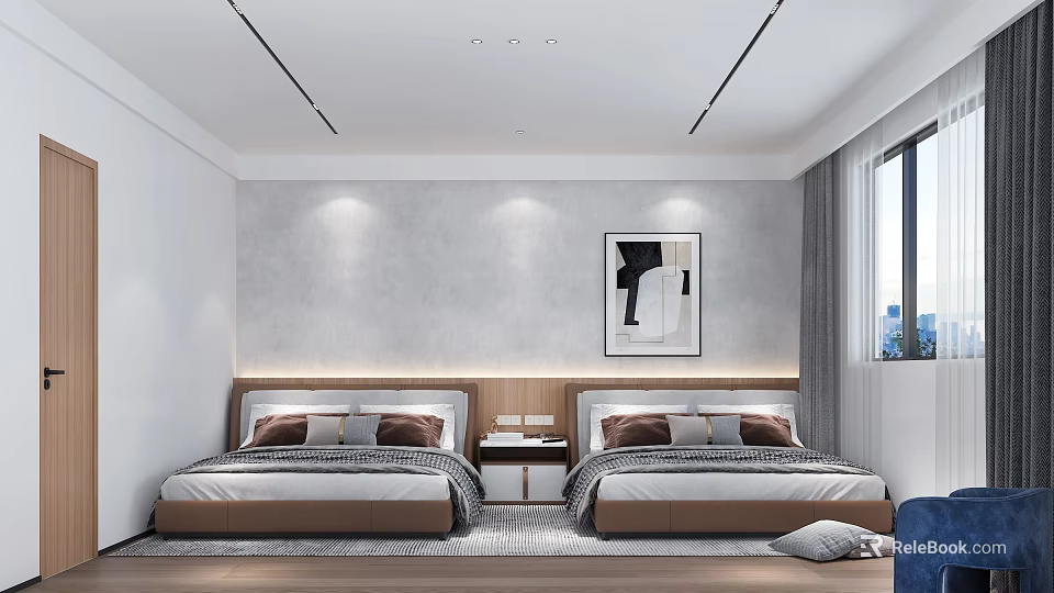 Hotel Guest Room Interior With Twin Beds Gray Wall Decorative Painting Wooden Headboard And Window 3d model 