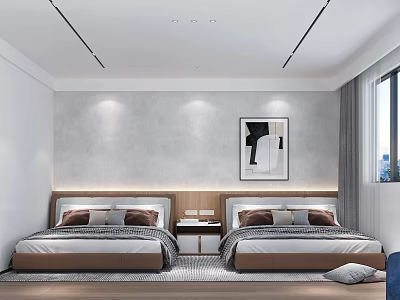 Hotel Guest Room Interior With Twin Beds Gray Wall Decorative Painting Wooden Headboard And Window 3d model