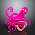 Cute Pink Cartoon Octopus With Curled Tentacles On Dark Background And Happy Expression