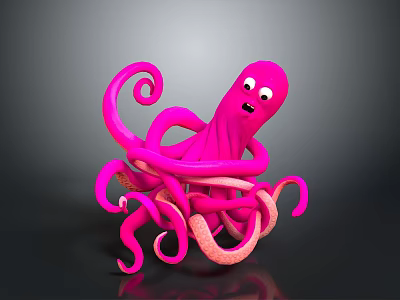 Cute Pink Cartoon Octopus With Curled Tentacles On Dark Background And Happy Expression 3d model