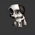 Cartoon Dog 3D Model With Black And White Spots Large Eyes On Reflective Dark Background