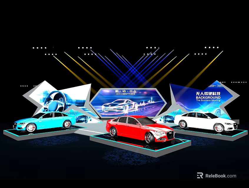 Three Colored Cars Blue Red White on Stage with Display Screens and Lights 3d model 