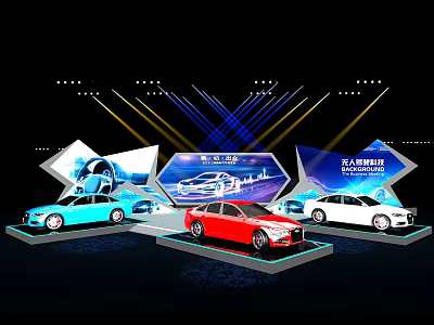 Three Colored Cars Blue Red White on Stage with Display Screens and Lights 3d model