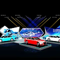 Three Colored Cars Blue Red White on Stage with Display Screens and Lights