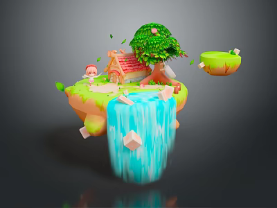 Enchanting Floating Island Landscape with Green Tree Red Roof House Waterfall and Floating Platforms 3d model