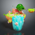 Enchanting Floating Island Landscape with Green Tree Red Roof House Waterfall and Floating Platforms