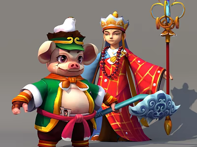Cartoon Anthropomorphic Pig In Green Clothes With Royal Monk In Red Robe And Staff 3d model
