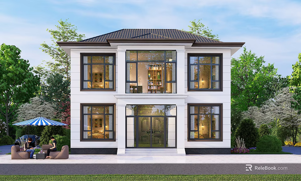 Two Story Detached Villa Exterior With Large Windows Green Lawn And Trees 3d model 