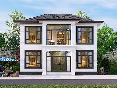 Two Story Detached Villa Exterior With Large Windows Green Lawn And Trees 3d model