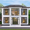 Two Story Detached Villa Exterior With Large Windows Green Lawn And Trees