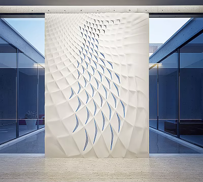 White Background Wall With Wavy Perforated Pattern In Modern Architecture Space 3d model