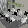 Modern White Office Desk Setup With Monitors Black Office Chairs Hanging Green Plants In Workspace