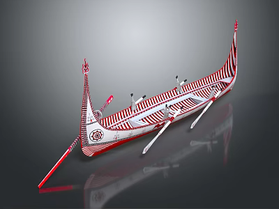 Handmade Wooden Boat Featuring Red Accents Striped Pattern And Rowing Oars 3d model