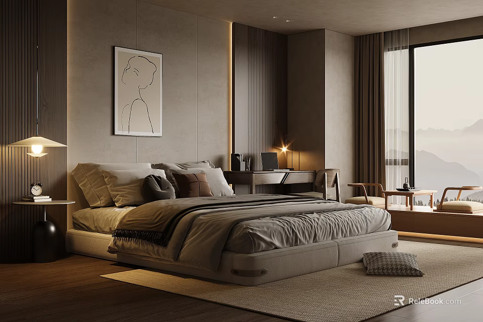 Modern Elegant Bedroom Interior With Large Bed Wooden Flooring Gray Tones Floor to Ceiling Window And Rug 3d model 