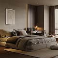 Modern Elegant Bedroom Interior With Large Bed Wooden Flooring Gray Tones Floor to Ceiling Window And Rug