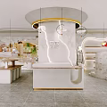 Modern Mall Store Interior With Curved Design Wooden White Counters And Hanging Lights