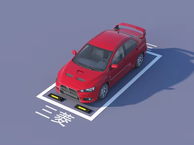 Red Mitsubishi Sporty Car Parked in Marked Parking Space with Rear Spoiler 3d model
