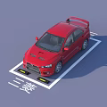 Red Mitsubishi Sporty Car Parked in Marked Parking Space with Rear Spoiler