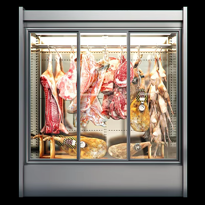 Fresh Meats Display In Refrigerated Case With Hanging Steaks Hams And Various Cuts 3d model