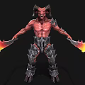 Mythical Red Skinned Demon Wielding Flaming Swords And Spiked Armor With Horns