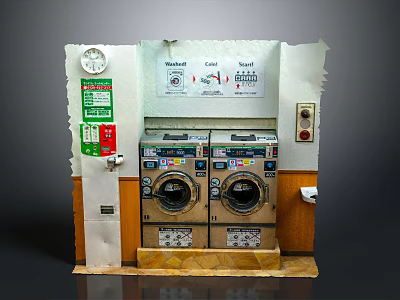Laundry Room Interior With Twin Washing Machines Control Panel Wall Clock And Signs 3d model