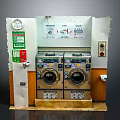 Laundry Room Interior With Twin Washing Machines Control Panel Wall Clock And Signs