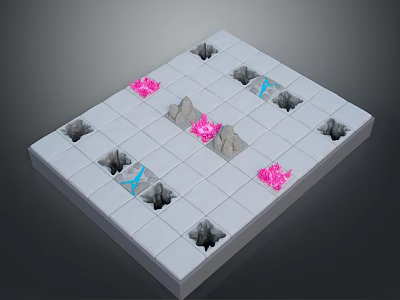 White Grid Structure With Holes Containing Pink Elements Blue Triangles And Gray Mountain Shapes 3d model