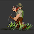 3D Game Character With Red Beard Straw Hat Glasses Holding Red Object Tool In Green Grass