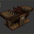 Rustic Stone Textured Furniture Table With Multiple Surfaces Central Structure And Ornate Carvings