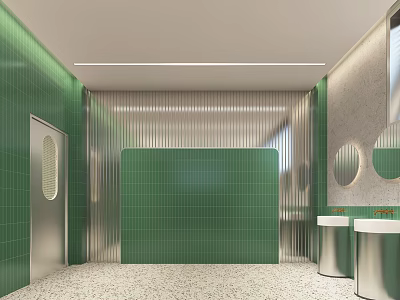 Modern Public Restroom Interior With Green Tiles Silver Metal Sinks And Mirrors 3d model