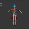 Game Movie Character with Blue Purple Hair Long Coat Red Pants White Gloves