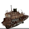 Rusted Abandoned Ship Structure With Weathered Deck And Metal Railings