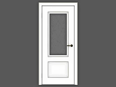 White Hinged Door With Diamond Pattern Glass Panel Decorative Section And Golden Handle 3d model